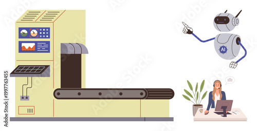 Automation, AI interaction, industrial production, workplace productivity, robotics, innovation. A robot gestures near a conveyor belt, with a worker at a desk. Automation and industrial production