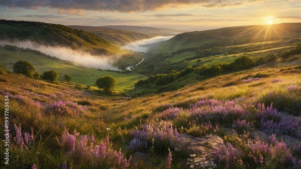 Obraz premium Serene valley landscape at sunrise with blooming flowers and misty river in the background