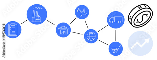 Supply chain management, logistics planning, global trade, economic growth, e-commerce, industrial processes. Visual of interconnected factory, transport shopping cart and economic icons. Supply