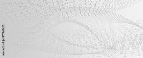 Abstract technology wave of particles. Big data visualization. Light background with motion dots and lines. Artificial intelligence. 3d rendering.