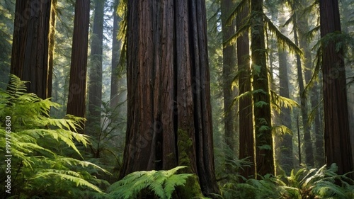 Majestic towering redwoods surrounded by lush ferns in a serene forest with soft sunlight filtering through