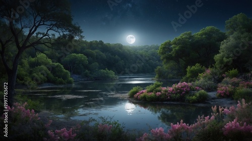 Serene moonlit landscape reflecting on a tranquil river surrounded by lush greenery and flowers