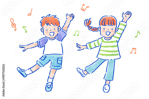 元気踊る女の子と男の子の手描きのイラスト　アナログタッチ