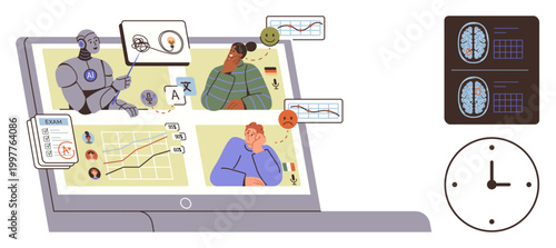 Online learning, AI-driven assessments, cognitive evaluation, mental health analytics, data visualization, neuroscience study. Illustration of AI analyzing individuals graphs and charts. Online