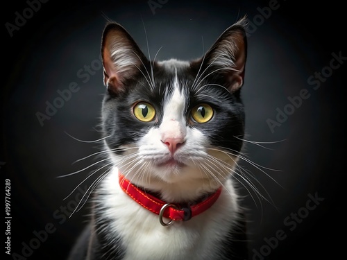 Close up of a black and white cat with bright green eyes wearing a red collar