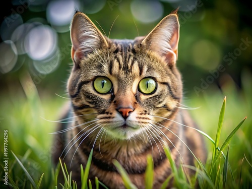 Close up of a tabby cat with green eyes in tall grass