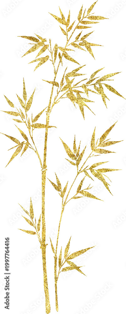 Obraz premium Elegant Golden Chinese Bamboo Branch Illustration Traditional Oriental Botanical Art