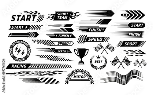 Start and finish lines, motocross labels, dynamic lines, racing stripe speed, sport decals, tuning stickers, angled checkered patterns, checkered flags, racing cars and race car stripe sets
