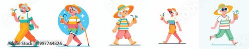 vector of a grandma walking in summer clothes holding a drink