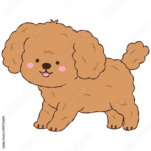 Cute Brown Poodle Puppy, Adorable Curly Dog Character Drawing Illustration