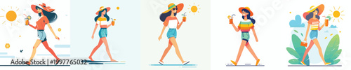 vector of a woman walking in summer clothes holding a drink