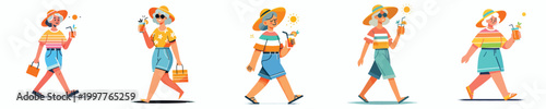 vector of a grandma walking in summer clothes holding a drink