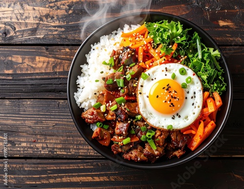 Delicious Asian-inspired rice bowl with beef vegetables fried egg fresh greens and savory sauce on rustic wooden table