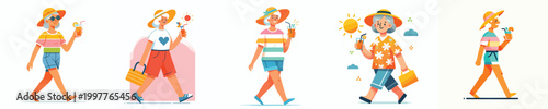 vector of a grandma walking in summer clothes holding a drink