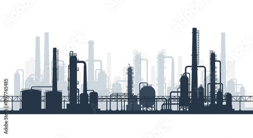 Industrial complex vector silhouette. Chemical plant or oil refinery illustration with towers, tanks, pipes. Symbolizing manufacturing, energy production, and heavy industry