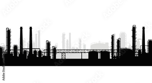 Silhouette of an industrial complex with multiple factories and processing units against a bright sky, symbolizing manufacturing and production