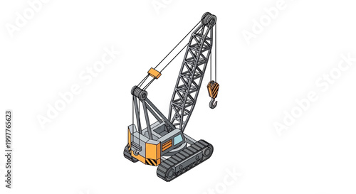 Isometric illustration of a heavy-duty construction crane on tracks, ready for lifting and moving materials on a job site