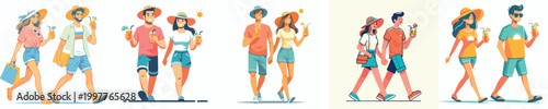vector of a couple walking together dressed in summer holding drinks