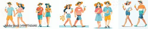 vector of a couple walking together dressed in summer holding drinks