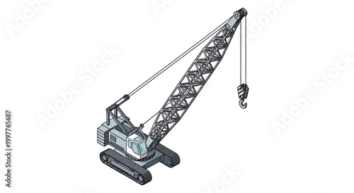 Isometric line art illustration of a heavy-duty crawler crane, essential construction equipment for lifting and moving materials on building sites and large industrial projects
