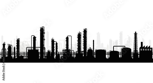 Industrial silhouette showcasing a complex network of oil refinery structures and atmospheric pollution against a city skyline