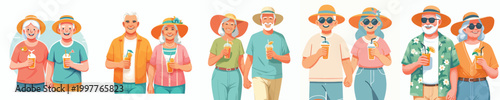 half body vector of a old couple walking together dressed in summer holding drinks