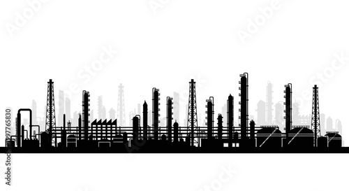 Industrial factory complex silhouette with numerous smokestacks and towers, representing heavy industry, energy, and infrastructure
