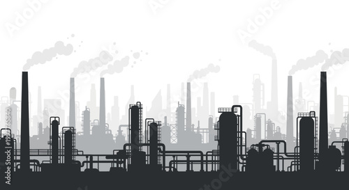 Grayscale silhouette of an industrial factory landscape with smokestacks and intricate piping, depicting heavy manufacturing and energy production