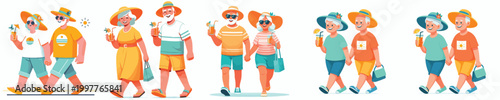 vector of a old couple walking together dressed in summer holding drinks