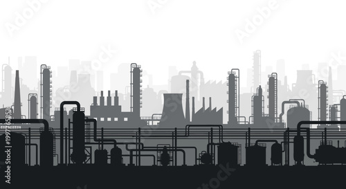 Industrial landscape with factories, chimneys, and pipelines, representing manufacturing and production in a city skyline, conceptual art