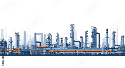 Illustration of an industrial complex with a skyline of factories, refineries, and processing plants, featuring towering structures and pipelines under a bright white sky