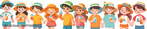 half body vector of a two children walking together dressed in summer holding drinks