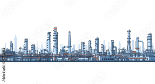 Detailed illustration of a large industrial complex with multiple towers and pipelines under a sky with faint city skyline in the background