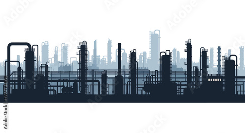 Silhouette of an industrial complex featuring numerous towers, pipes, and industrial structures against a hazy sky