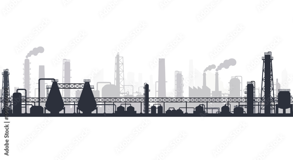 Obraz premium Industrial landscape silhouette with smokestacks emitting plumes of smoke against a light background, representing heavy industry and manufacturing operations