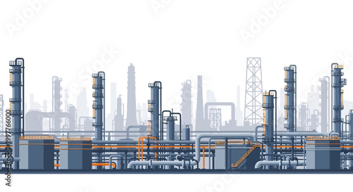 Industrial landscape with oil refinery plant structures, pipelines and towers under a clear sky, representing the energy sector and manufacturing processes