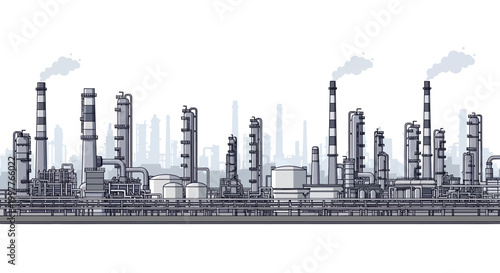 Vast industrial factory complex with towering smokestacks and energy production facilities, depicting manufacturing, chemical processing, and environmental concerns