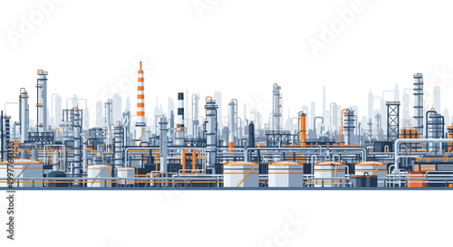 Vast Industrial Complex with Numerous Towers and Storage Tanks Under a Clear Sky, Illustrating Petrochemical or Oil Refining Operations