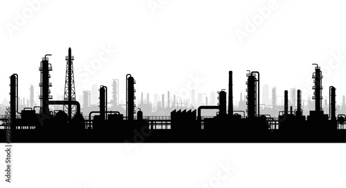 Industrial skyline silhouette representing heavy industry and manufacturing with numerous towers and complex structures