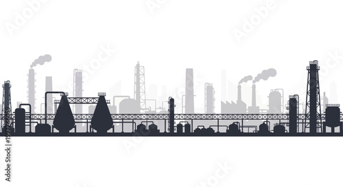 Industrial landscape silhouette with smokestacks emitting plumes of smoke against a light background, representing heavy industry and manufacturing operations