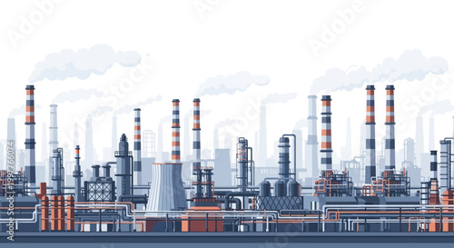 Industrial plant with smoking chimneys, heavy pollution, and a vast factory complex in a cityscape