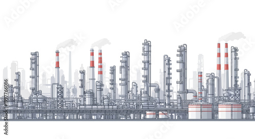Industrial landscape with a large refinery complex featuring numerous distillation towers and storage tanks under a hazy sky