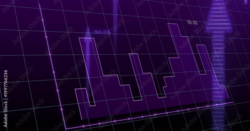 Fototapeta premium Displaying stepped chart rising on dashboard grid, showing glowing spike, numeric labels, markers