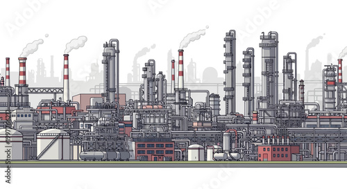 Vast industrial complex with numerous towering structures and smoking chimneys, illustrating the scale of modern manufacturing and energy production