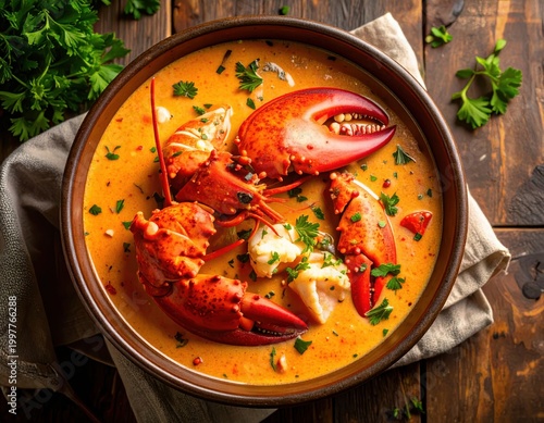 Delicious bowl of spicy seafood soup with lobster claw and tail, fresh herbs, creamy broth, served in rustic bowl on wooden table for hearty coastal meal