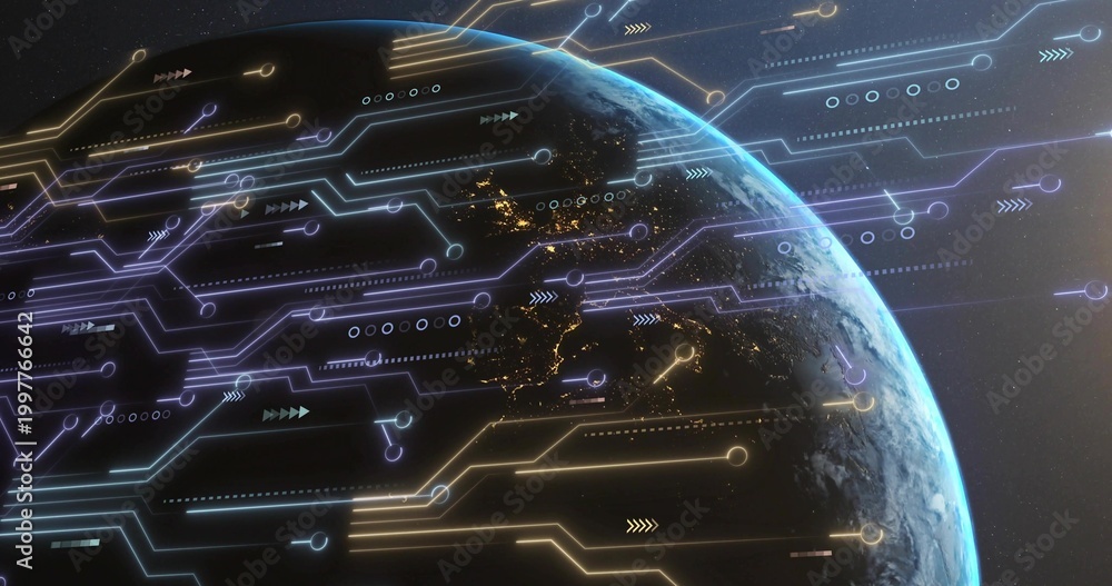 Fototapeta premium Displaying partially illuminated Earth showing neon circuit overlays and night lights from orbit