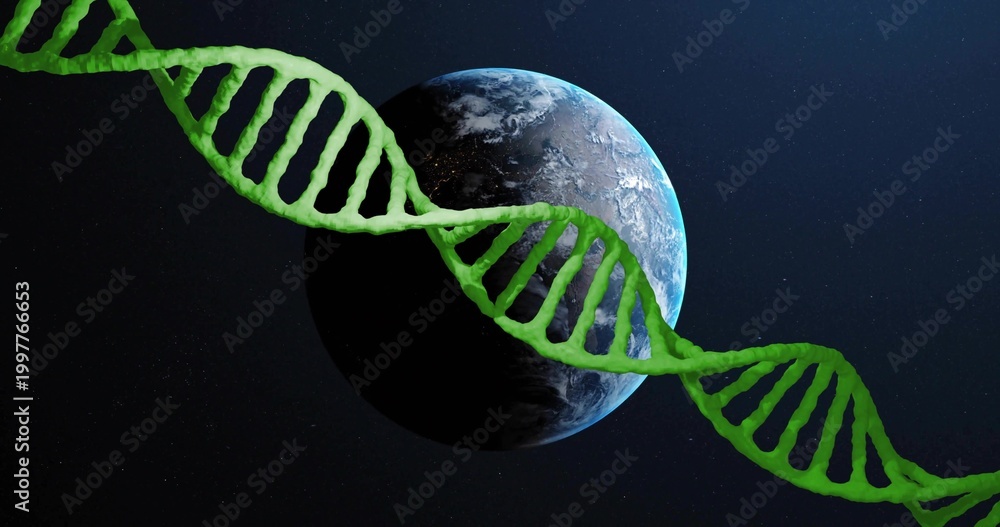 Naklejka premium Spiraling stylized green DNA helix crossing over Earth orbit, showing day-night boundary and stars