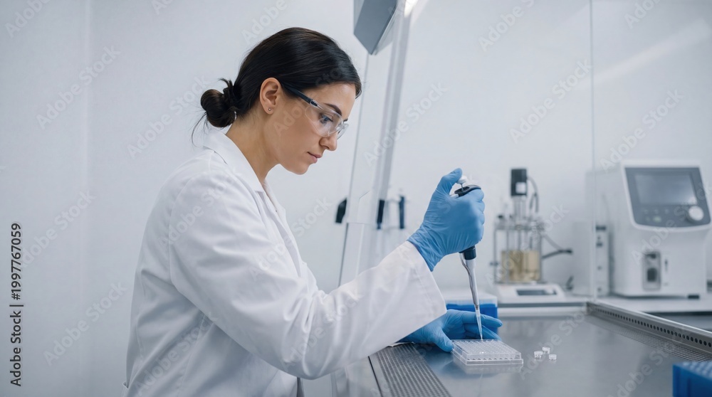 Naklejka premium Female scientist pipetting liquid samples into microplate in sterile modern laboratory, conducting biological research or medical testing with precision instruments and protective