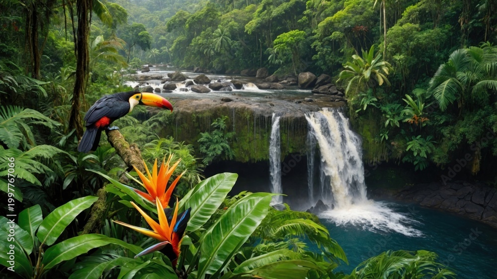 Obraz premium Vibrant toucan perched on lush foliage near a cascading waterfall in a tropical rainforest setting