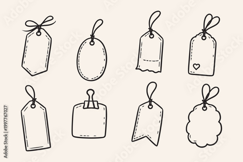 Set of doodle elements for price tags and gift tags. Price tag ribbons, discount labels, doodle sketches. Gift and sale offer frame elements. Vector illustration.